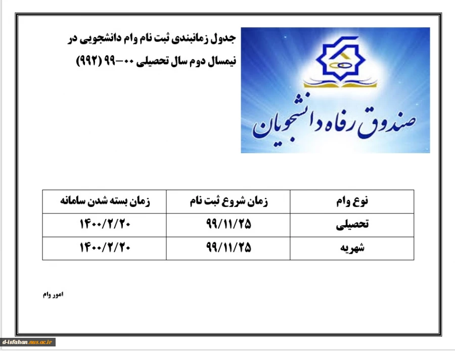جدول زمانبندی وام دانشجویی در نیمسال دوم سال تحصیلی 00-99 2
